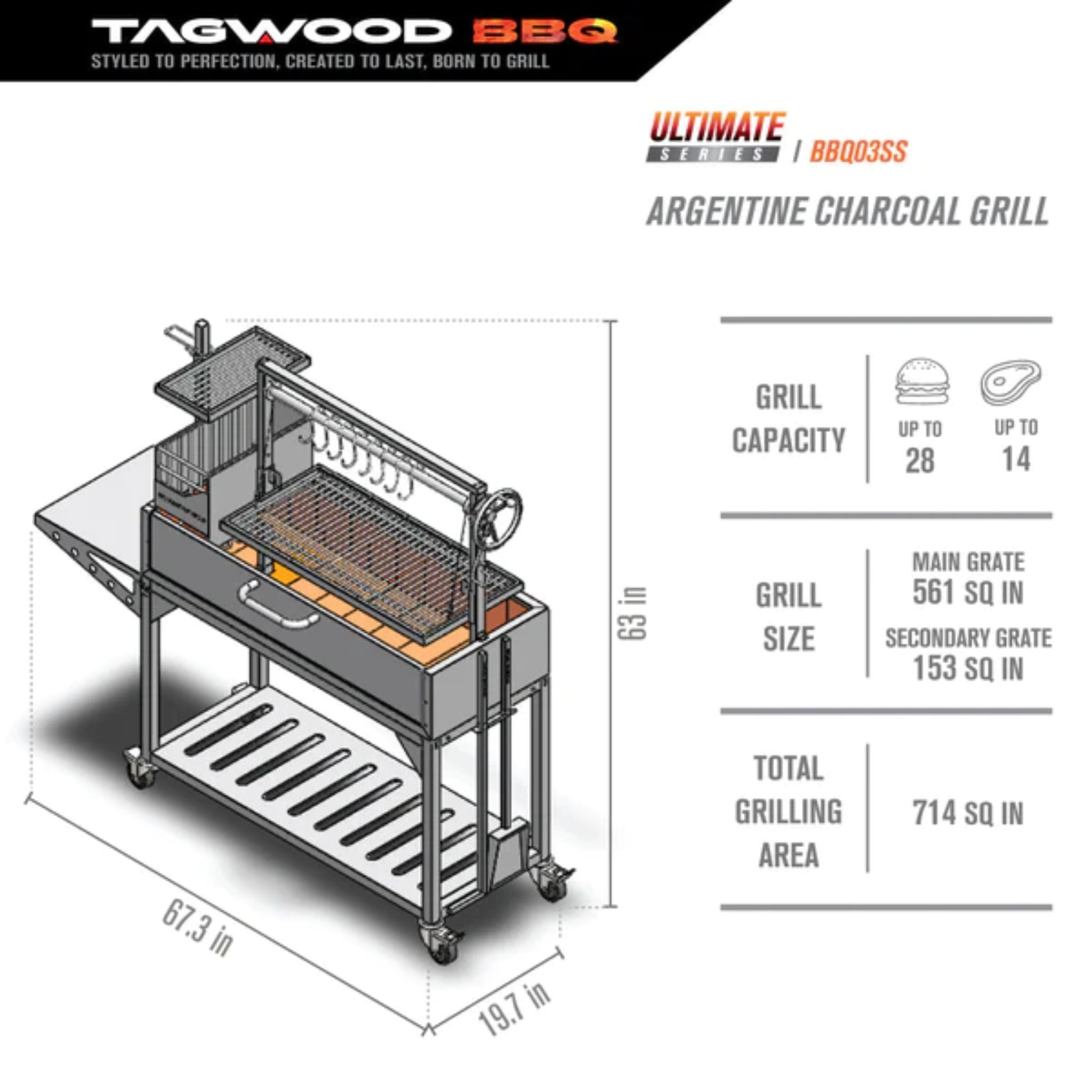 Tagwood BBQ03SS Freestanding Santa Maria Argentine Grill With 6" Casters | Novaselectes
