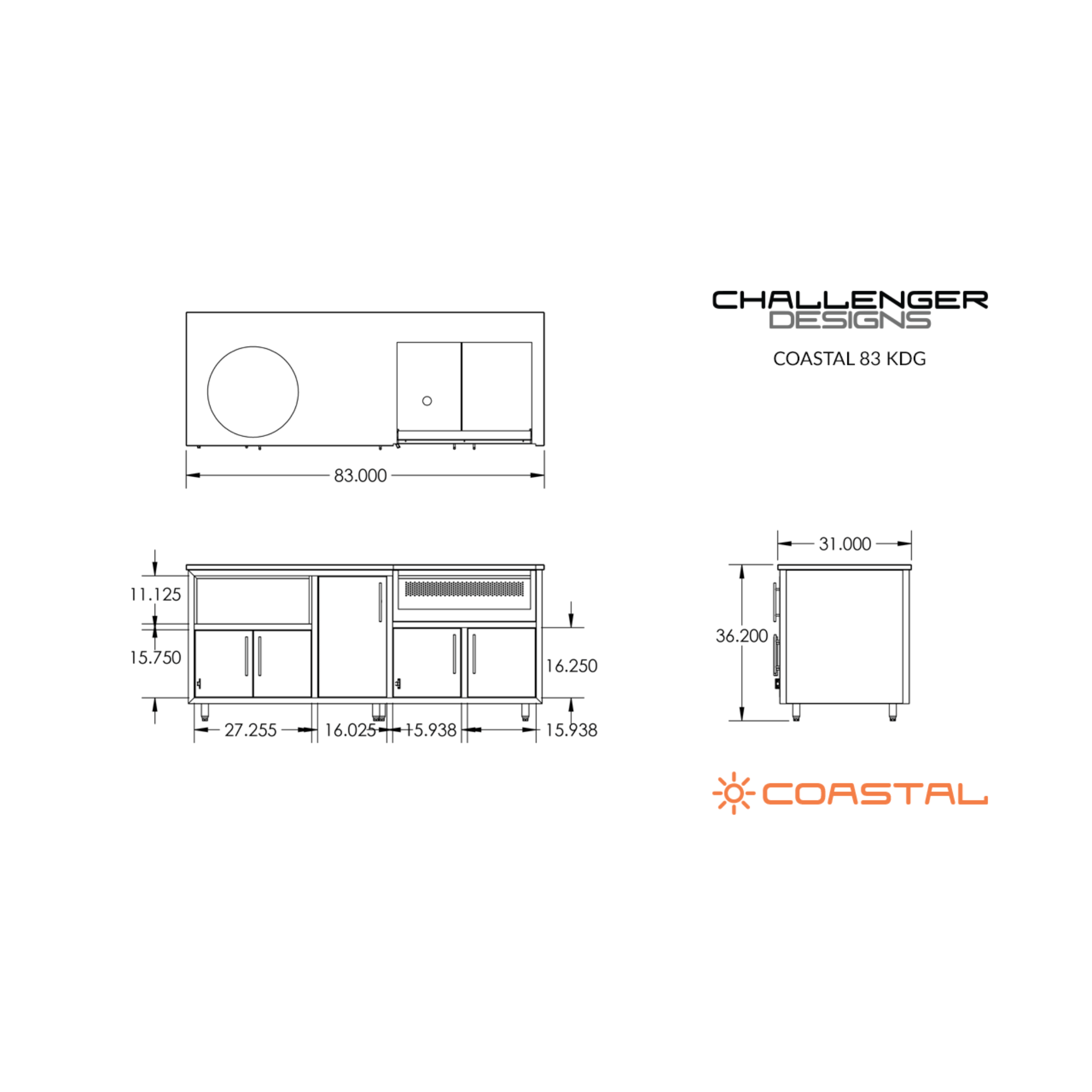 Challenger Designs Coastal 83-GDK Powder Coated Aluminum Kitchen Island for 32 Inch Grill & 21 Inch Ceramic Grill