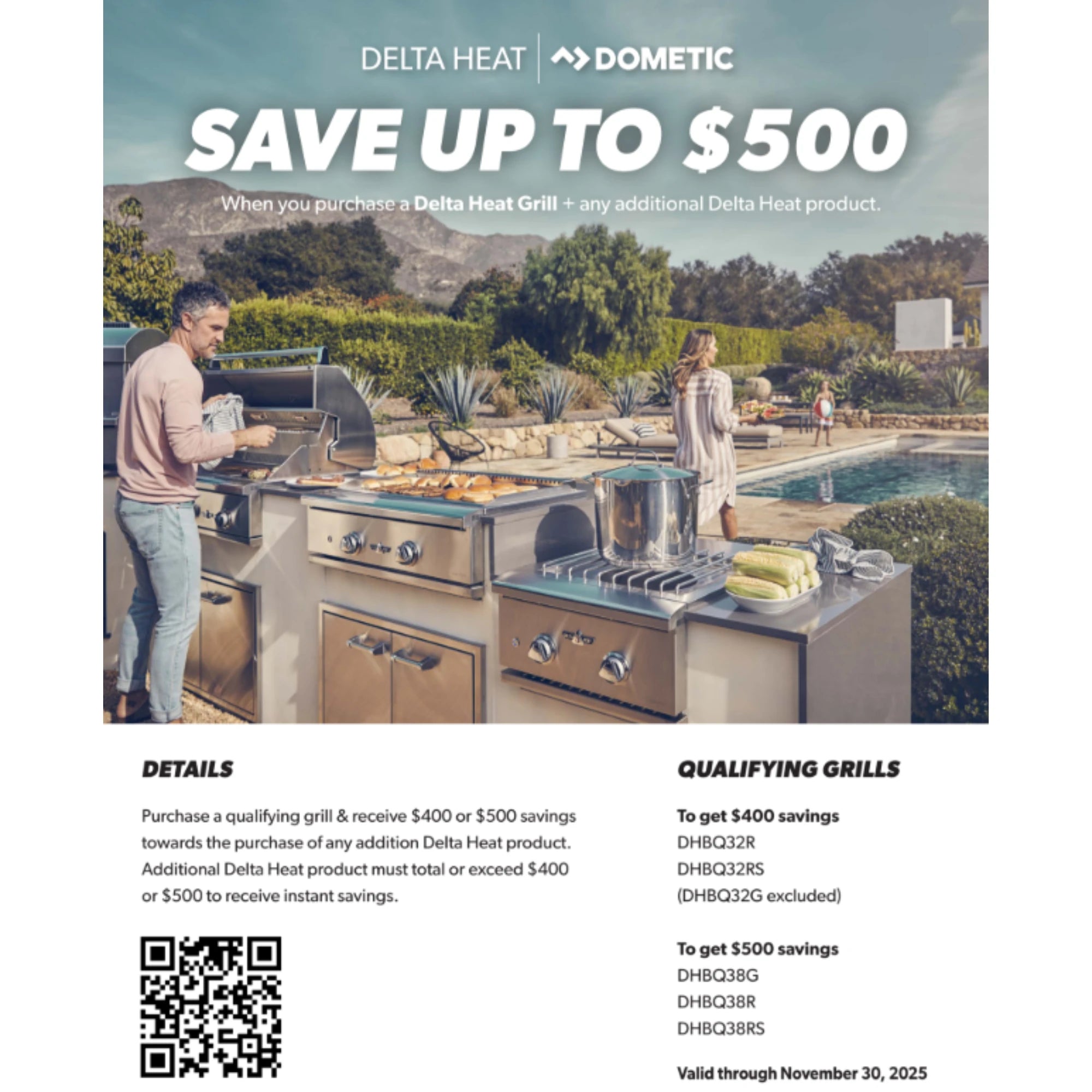Delta Heat 32-Inch 3-Burner Built-In Gas Grill With Infrared Rotisserie & Black Control Panel