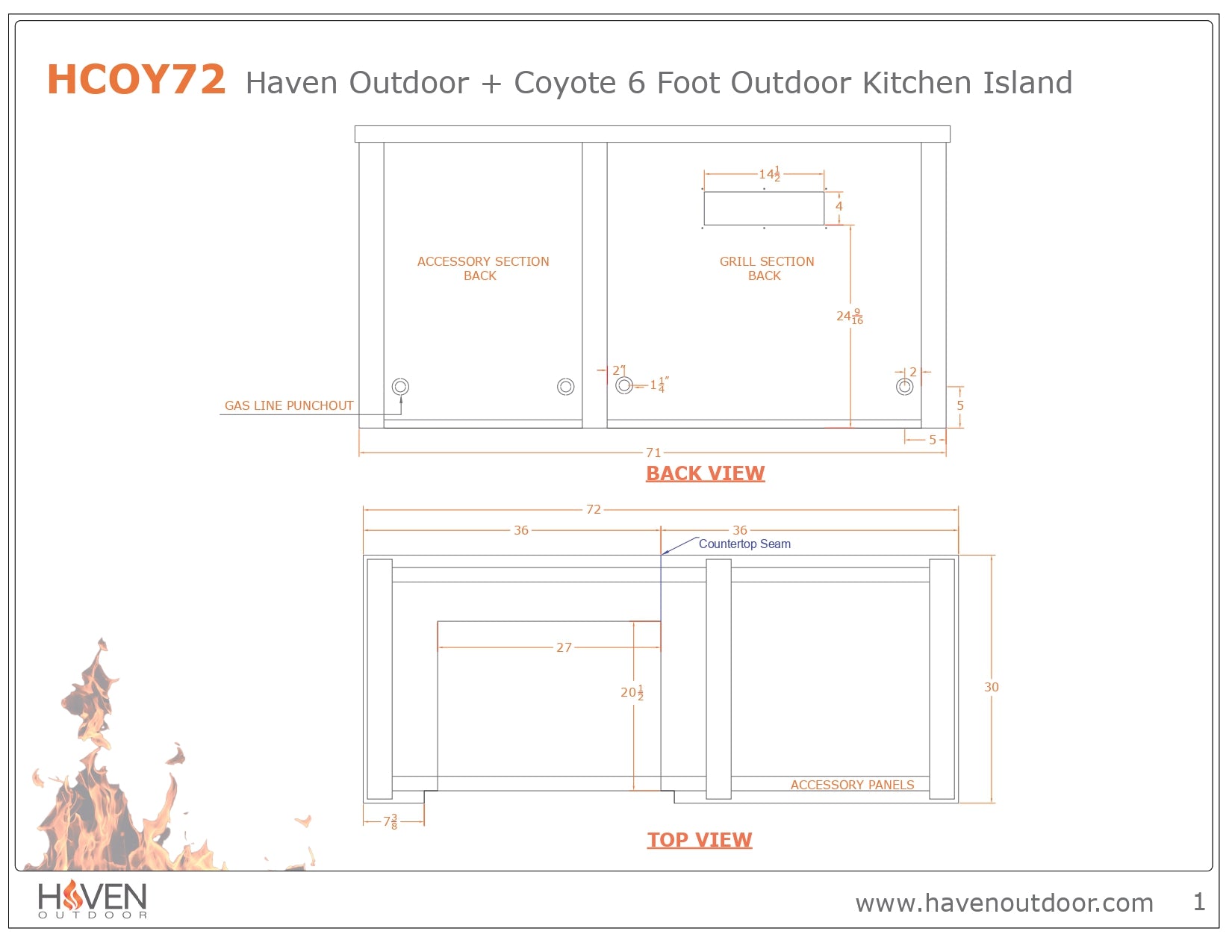 Haven 72-Inch Outdoor Kitchen Island with 2 Drawer Cabinet, Gas Grill & Double Access Door