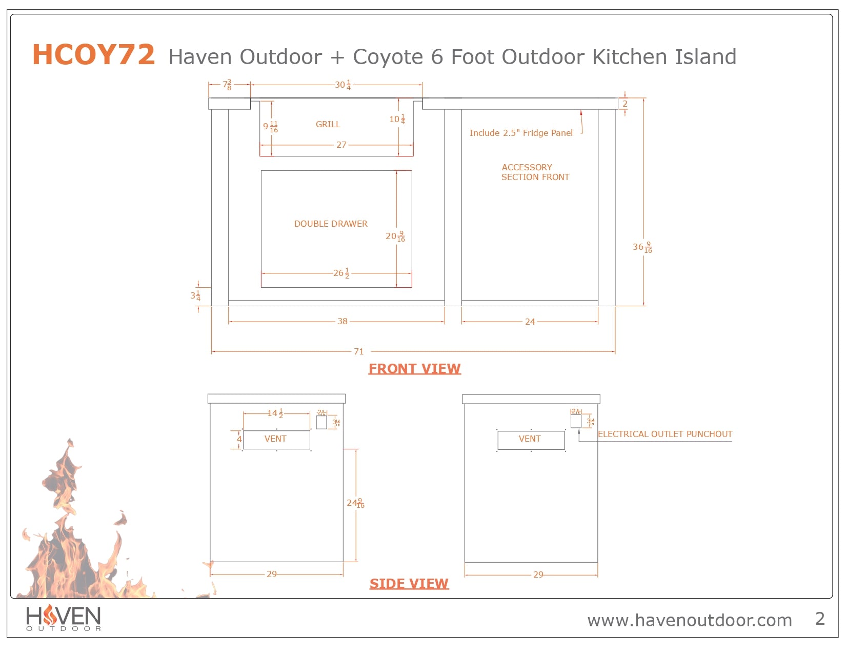 Haven 72-Inch Outdoor Kitchen Island with 2 Drawer Cabinet, Gas Grill & Double Access Door