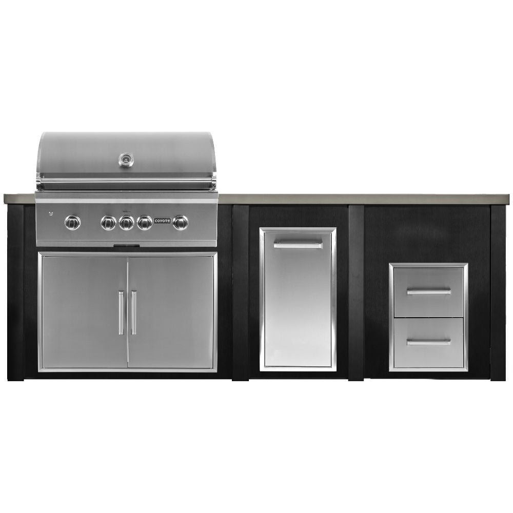 Haven 96-Inch Outdoor Kitchen Island with Trash Center, 2 Drawer Cabinet & Gas Grill