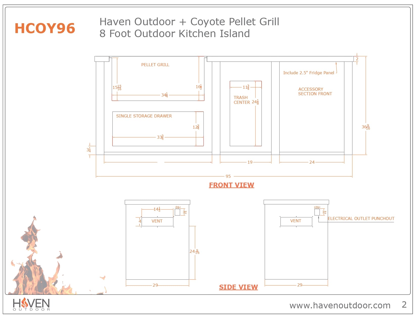 Haven 96-Inch Outdoor Kitchen Island with 36-Inch Pellet Grill, Trash Drawer & Storage Drawer