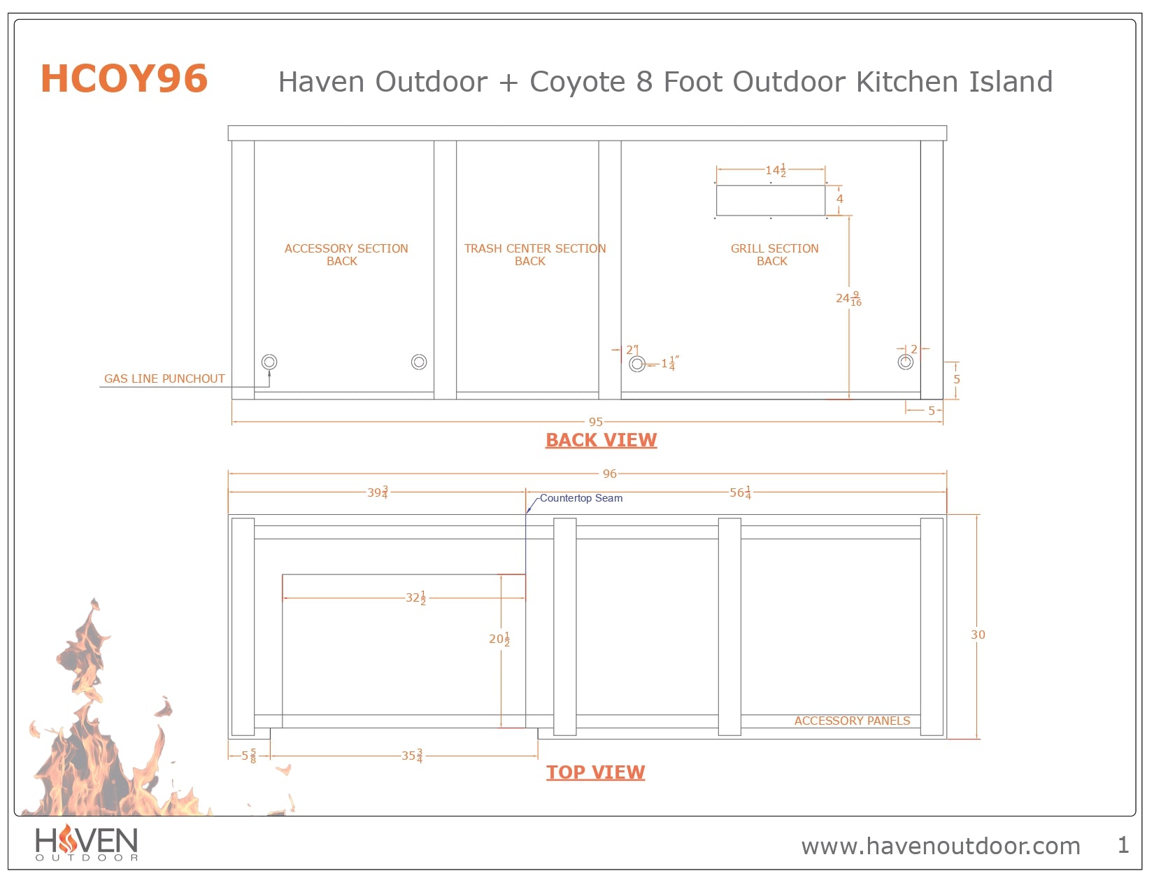 Haven 96-Inch Outdoor Kitchen Island with Trash Center, 2 Drawer Cabinet & Gas Grill