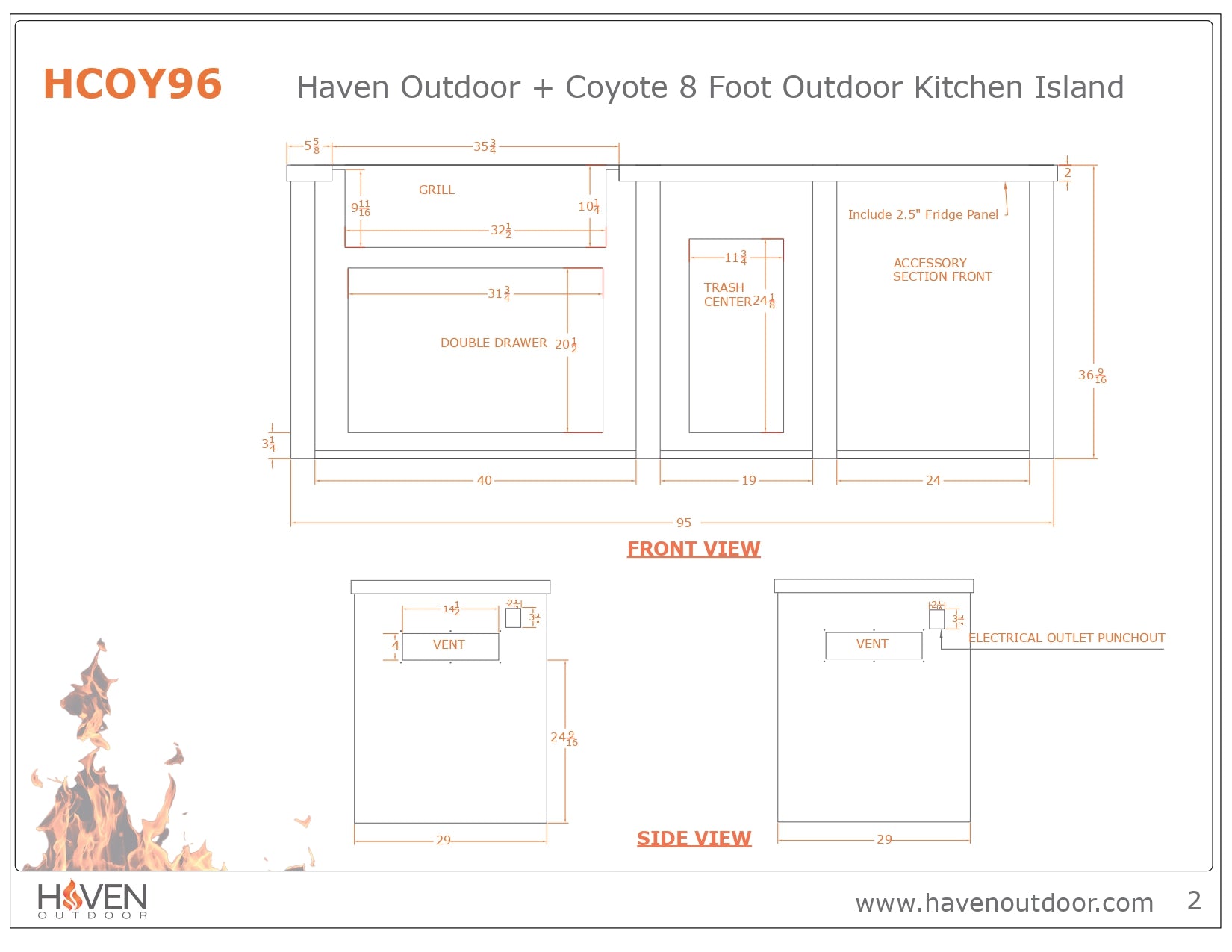 Haven 96-Inch Outdoor Kitchen Island with Trash Center, 2 Drawer Cabinet & Gas Grill