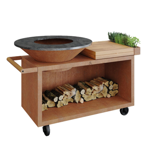 OFYR OI-100-PRO-TW Corten Steel 100 PRO Open Fire Grill Island w/ Teak Wood Cutting Board | Buy at Novaselectes