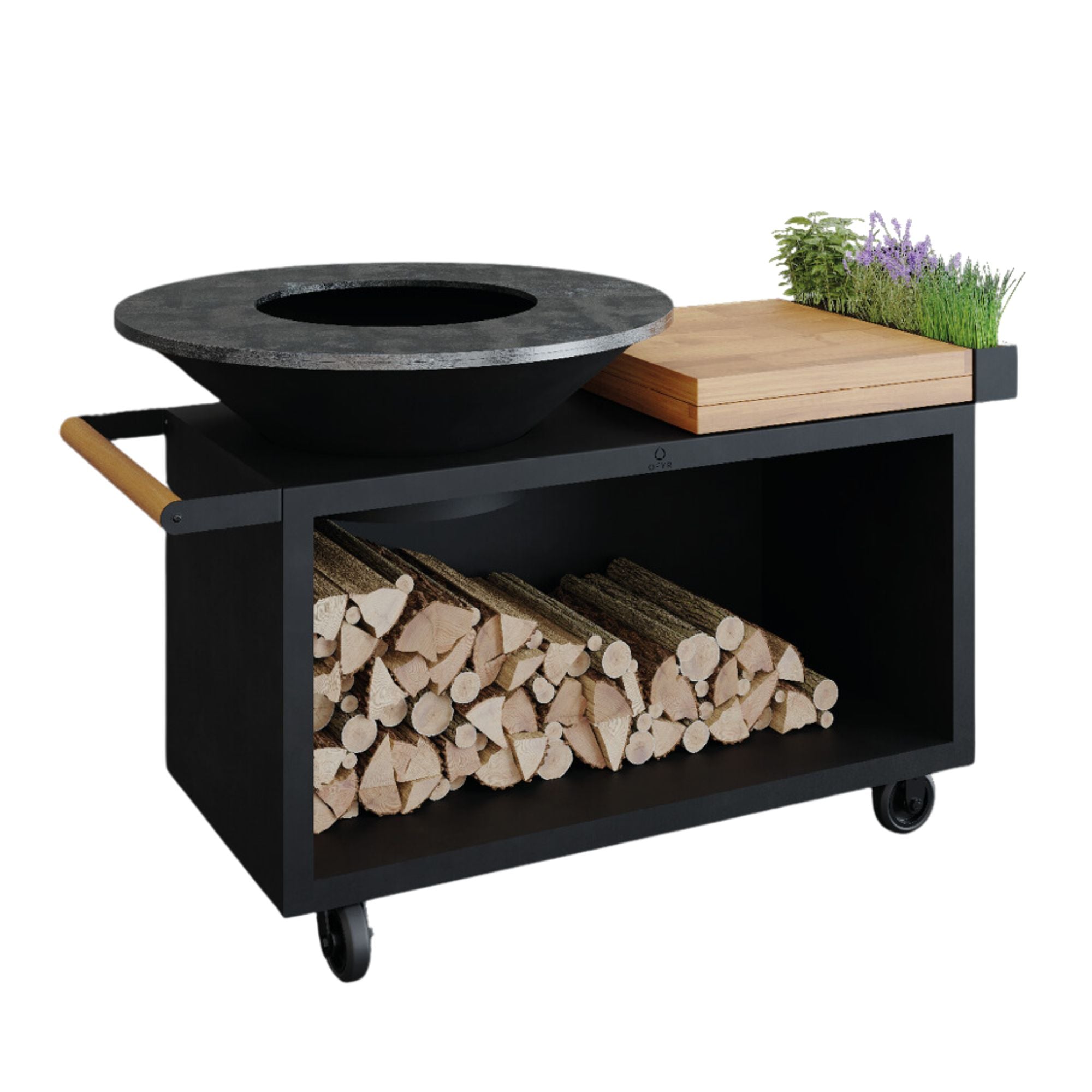 OFYR OIB-100-PRO-TW Black 100 PRO Open Fire Grill Island w/ Teak Wood Cutting Board | Buy at Novaselectes
