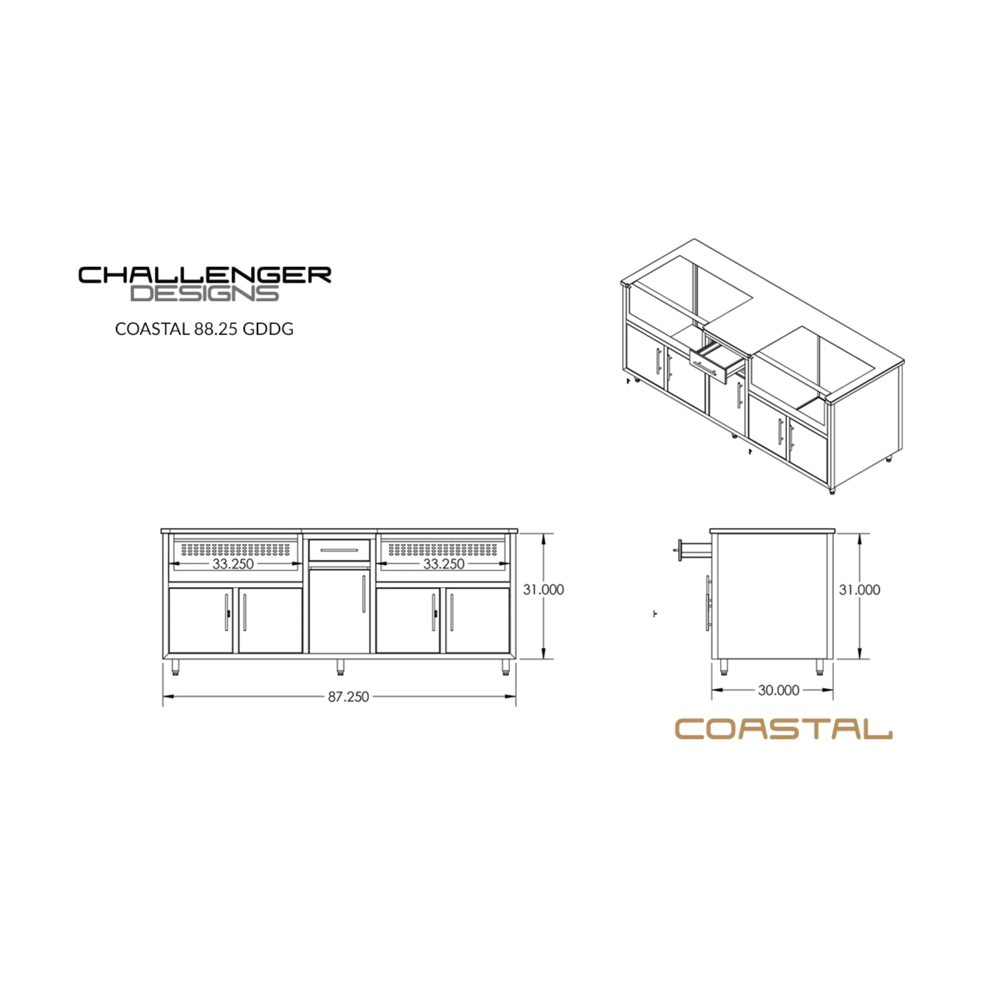 Challenge Designs Coastal 88.25 GDDG Powder Coated Aluminum Kitchen Island for Two 36-Inch Grills | Novaselectes