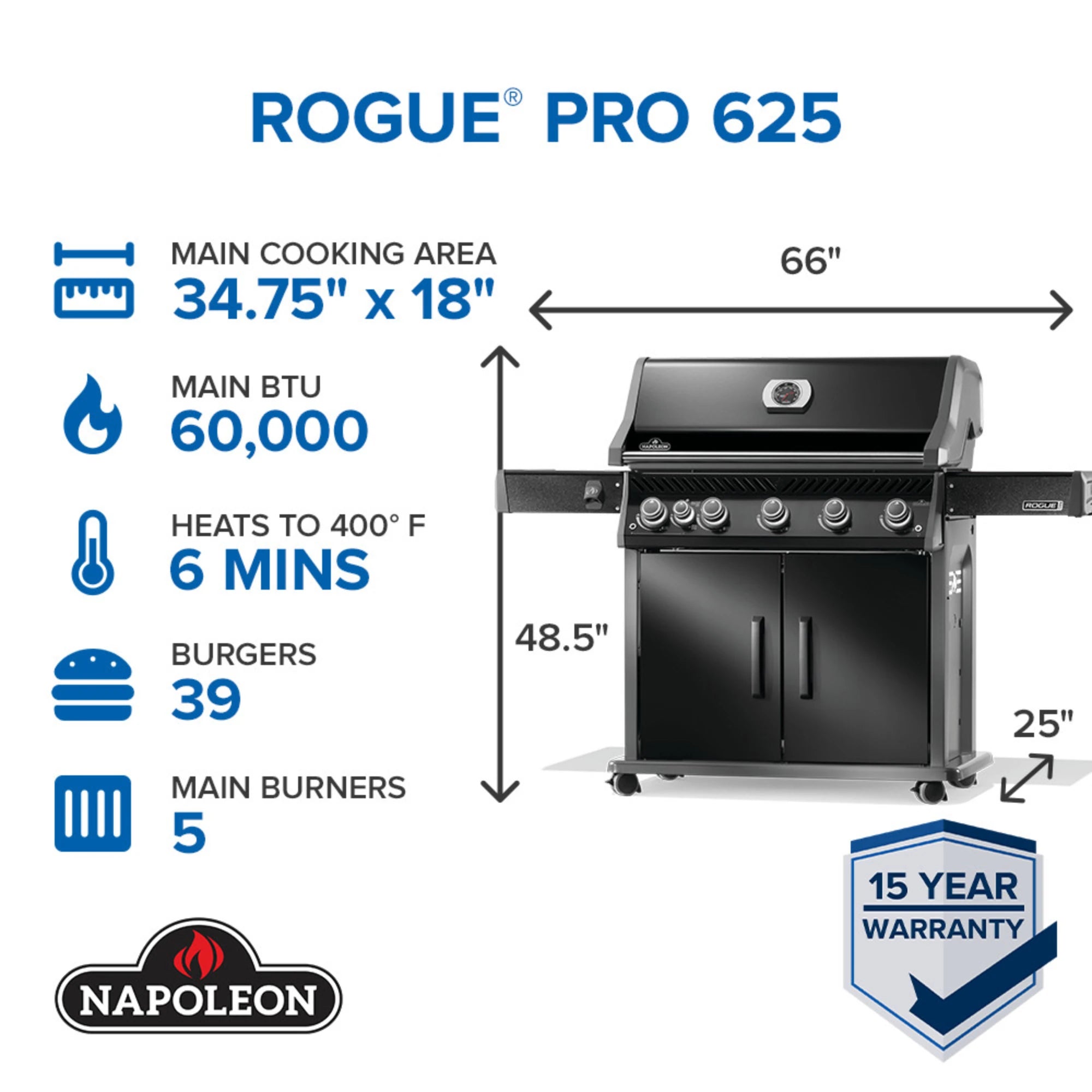 Napoleon Rogue PRO 625 SIB Black Freestanding Gas Grill w/ Infrared Side Burner | Novaselectes