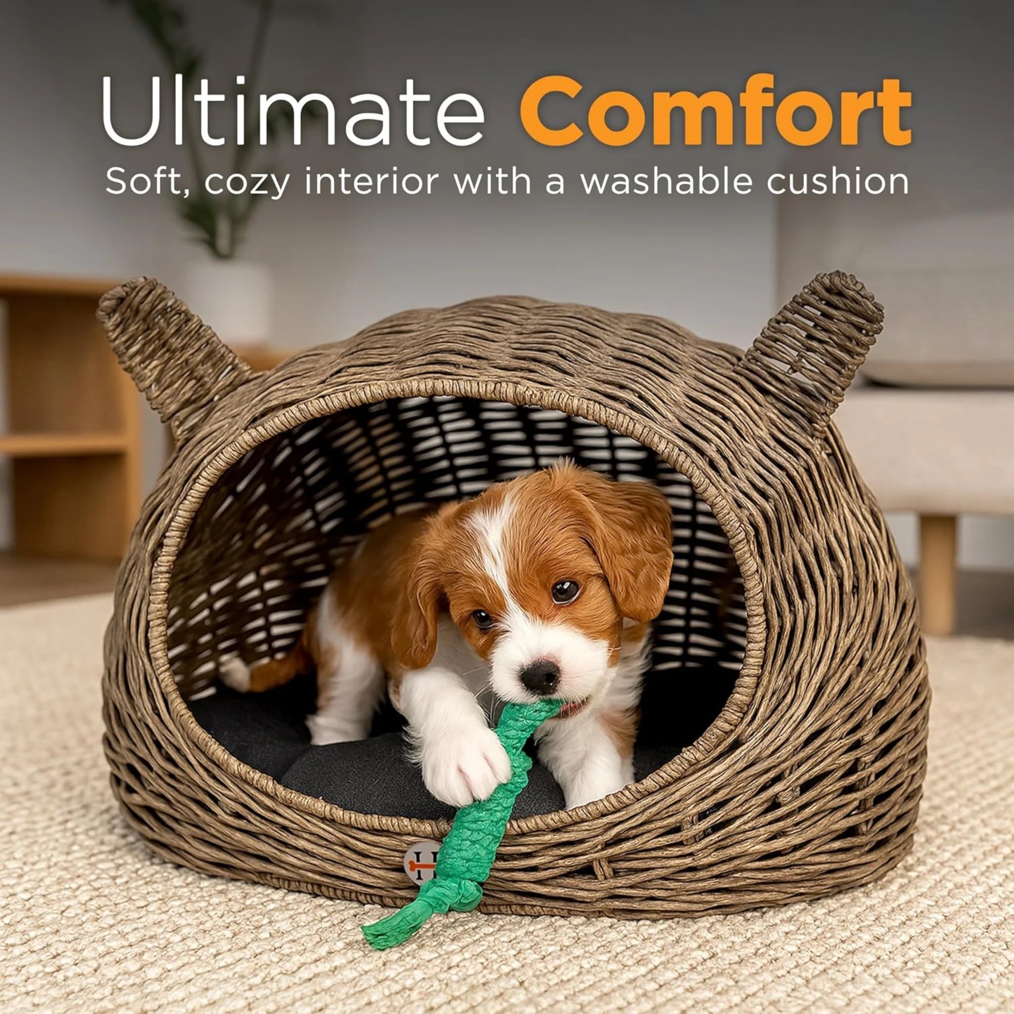 Huntley Pet Wicker Cat Shaped Play House Pet Bed w/ Cushion | Novaselectes