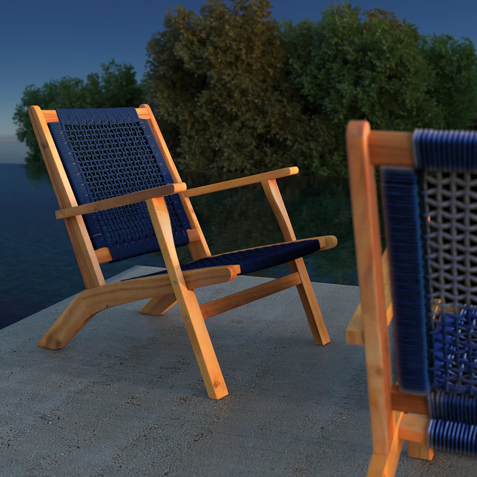 Well Traveled Living Vega Natural Stain Outdoor Chair in Navy Blue Cording | Novaselectes