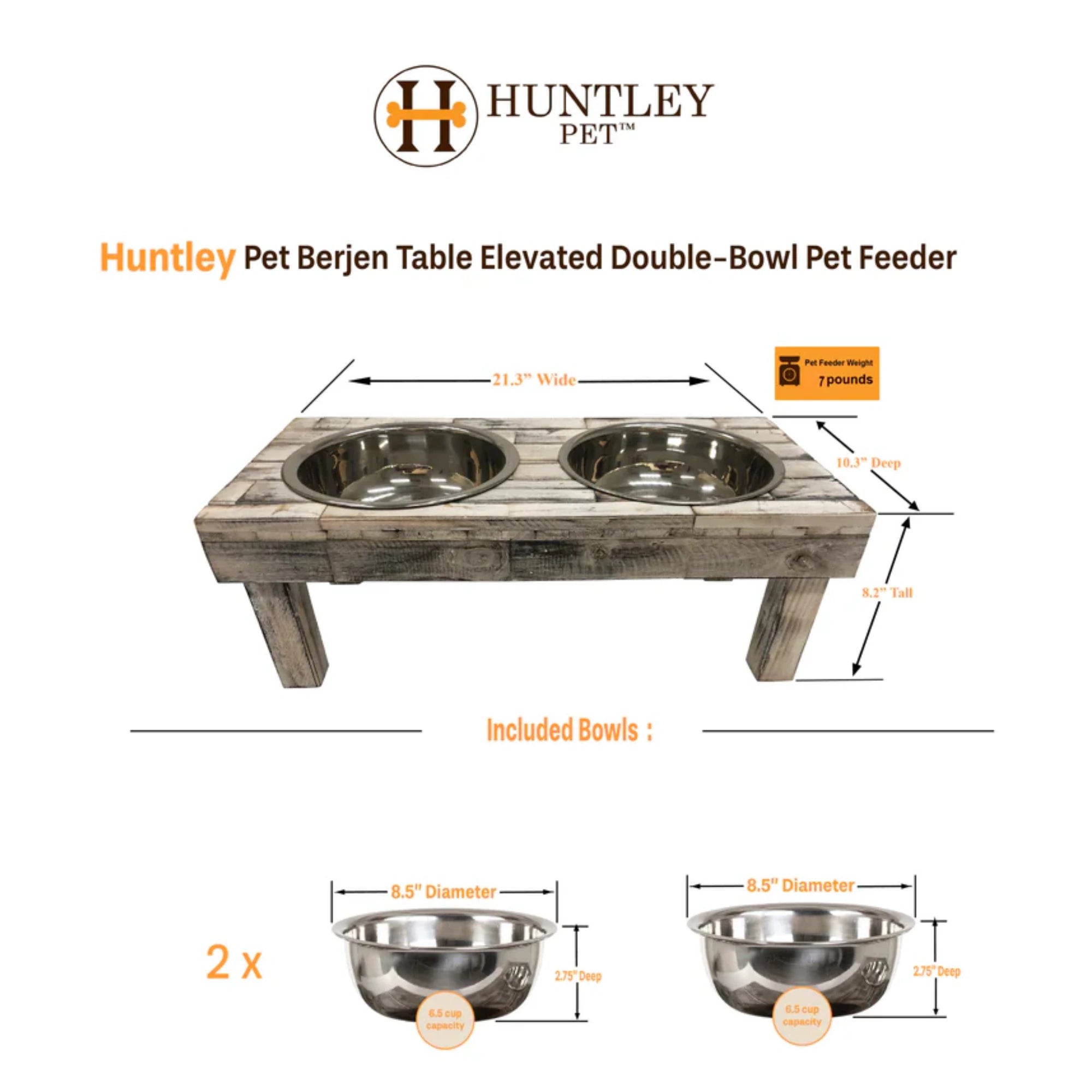 Huntley Pet Berjen Table Double Feeder, Large Whitewash | Novaselectes