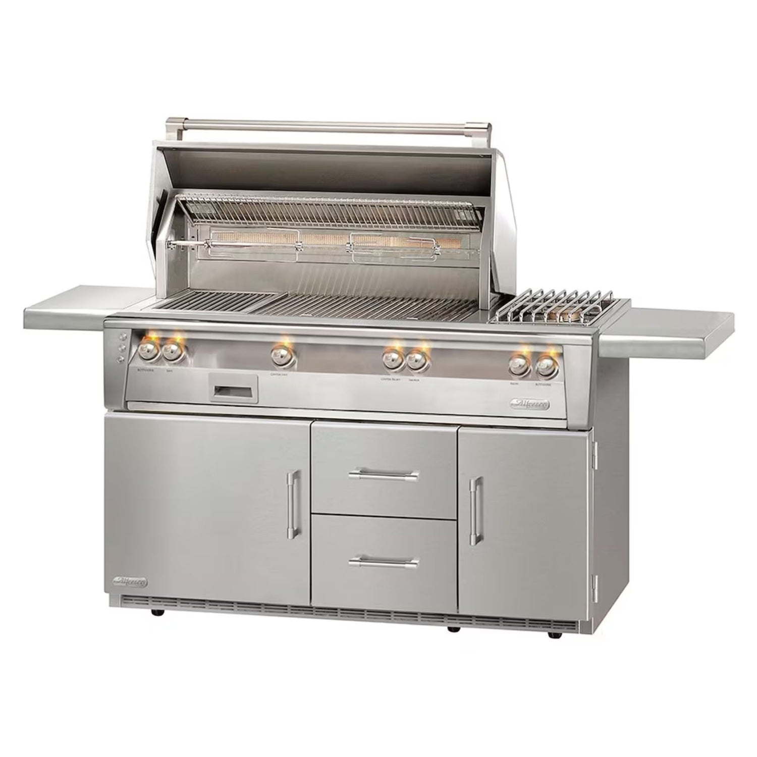 Alfresco 56-Inch Stainless Steel Freestanding Gas Grill w/ Refrigerated Cart, Rotisserie, Sear Zone & Side Burner