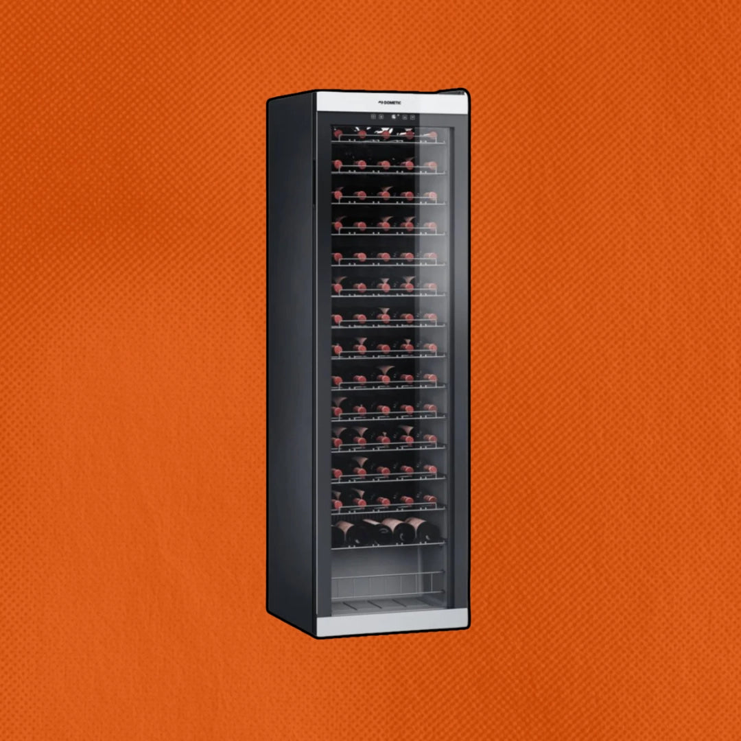Wine cooler with glass door on an orange background - Dometic Closeout – Save Up to 40%